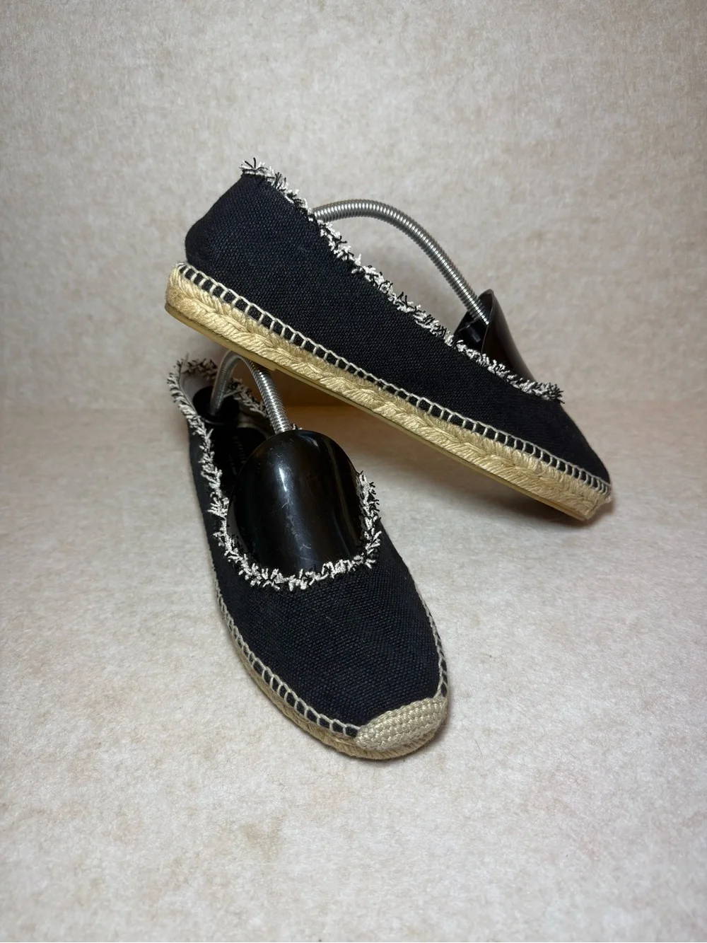 Patricia Green Black Tan Espadrille Mules Flats Loafers Frayed Trim Size US 10